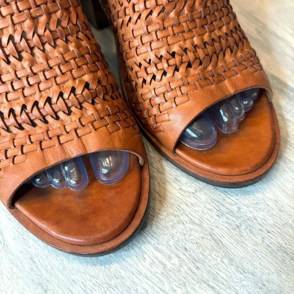 Rag & Bone Wyatt Willow Woven Leather Peep Toe Slingback Heels Brown Size 8 Boho - Picture 7 of 15
